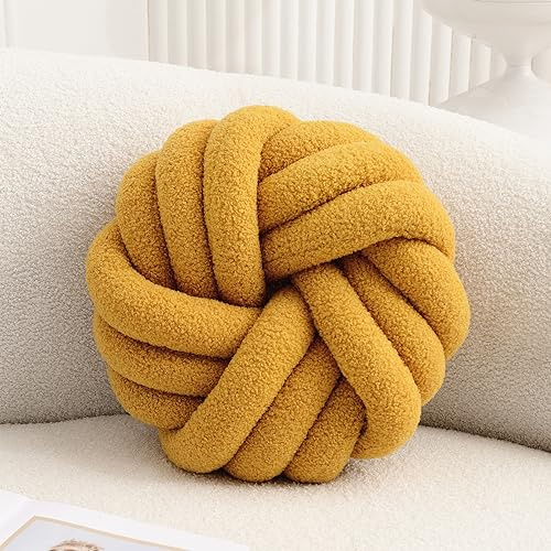 Vdoioe Yellow Knot Pillow 13.7'' Round Throw Pillow Soft Plush Knot Ball Pillow Handmade Knotted Pillow Modern Home Decorative Knotted Pillow Cushion for Bed Bedroom, Sofa, Couch