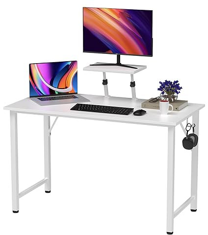 PIPIPOXER Mesa Escritorio 100x50x75-91cm, Escritorio de Computadora Mesas con Soporte Monitor para Ordenador y Gancho, Escritorio Informático para Estudiantes, PC Mesa de Escritorio, Blanco