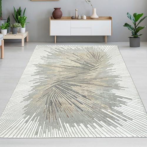 CARPETIA Weicher Teppich Wohnzimmer Schlafzimmer Esszimmer modern hochwertig edel abstrakt glänzend Creme grau groß XXL 240x340 cm