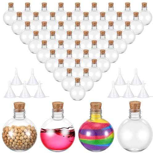 FoldTier 48 Pcs Plastic Potion Bottles with Caps 3.4 oz Round Sand Art Bottles with 10 Pcs Funnels Spherical Bottles Candy Containers for Halloween Christmas Party(Wood Color,Cork Stopper)