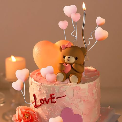 LaVenty 12 PCS Pink Bear Cake Decoration Heart Love Cake Topper Heart Teddy Bear Cake Decoration Baby Shower Cake Decoration Baby Girl Cake Decoration