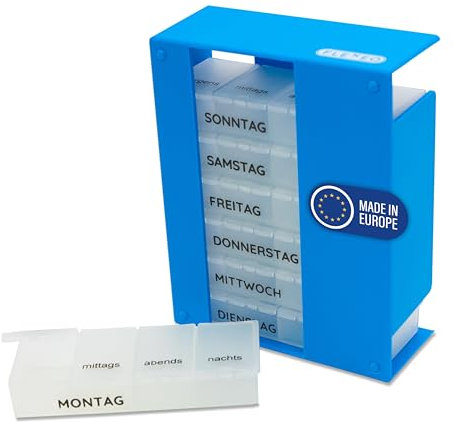 Tablettenbox für 7 Tage mit 4 großen Fächern für Morgens, Mittags, Abends und Nachts - Medikamentenbox, Tabletten Organizer, Tablettensortierer, Supplement Box, Medikamentendose, Pillendose (Blau)