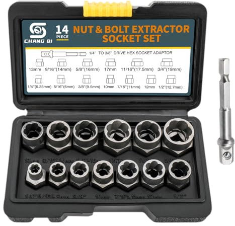 CHANG QI Lot de 14 Extracteur Ecrou Antivol, Boulons à Percussion Avec étui de Rangement Solide, Extracteur De Vis de roue dénudés, kit d'ecrou Antivol pour Enlever les Boulons Endommagés
