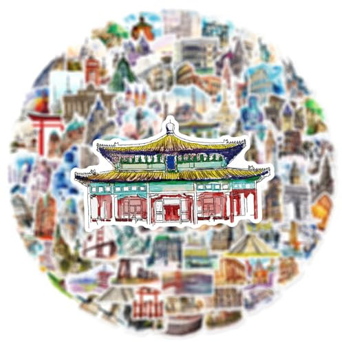 100Stück Weltberühmtes Gebäude Aufkleber für Laptop,Kühlschrank, Auto,Motorrad,Gitarre,Gepäck,Stoßstange,Reisen Vinyl Sticker,Geschenk für Mädchen Erwachsene,Ästhetische Wasserdicht Aufkleber