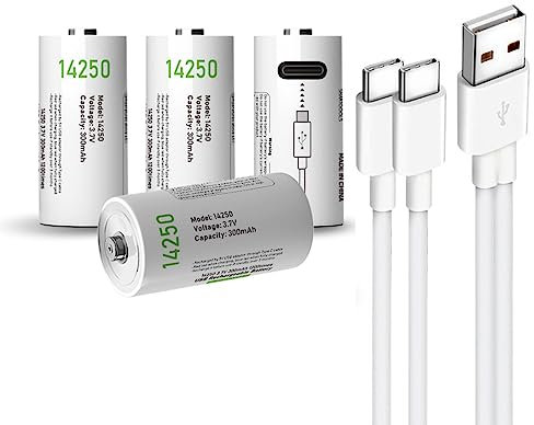 USB 14250 Lithium Ion Rechargeable Batteries, 3.7 V 300 mAh Rechargeable Batteries 1/2 AA Size Can Replace Batteries 3.6 Volt LS14250 ER14250 CR14250 Battery, Type C Charging Cable, Overcharge
