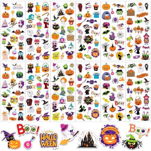 UPINS Halloween Aufkleber für Kinder, 12 Blatt 3D Puffy Sticker Geist Kürbis Totenkopf Fledermaus Spinne Schaumstoff Sticker für Halloween Partys, Geschenke, Scrapbooking, DIY-Basteln
