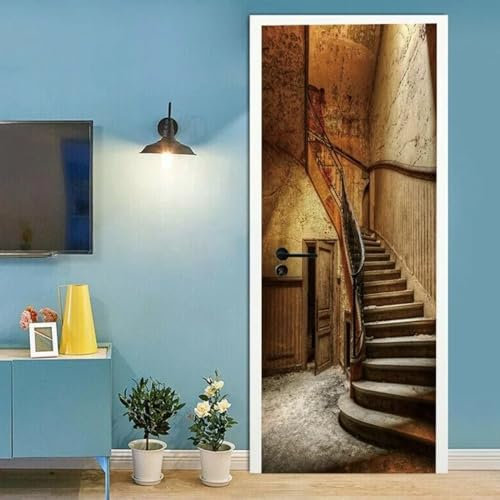 XAONUO 3D Drucken | Tür Bekleben Mit Türtapete Selbstklebend Retro Haus Gebäude Treppe 88X200Cm | Tür Verschönern Mit Türfolie | Türaufkleber Xxl Türbilder | Türposter Türklebefolie