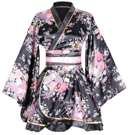 ZNLFS Robe kimono japonaise pour femme - Costume de cosplay - Danse Yukata - Robe de bain en soie, Noir , Taille unique