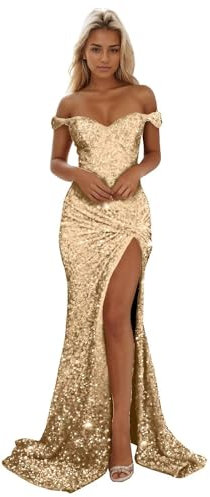 Robe de soirée sirène à épaules dénudées pour femme, robe de soirée formelle à paillettes scintillantes avec fente, rose gold, XXS