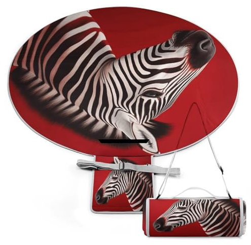 WYUSPGK Runde Picknickmatte, Zebra-roter Druck, Outdoor-Picknickdecke, Mehrzweck-Picknickmatte, faltbare Picknickmatte, tragbare Picknickmatte