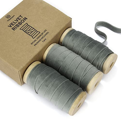 Vitalizart Staubiges Grün Samtband Set 0,95 cm x 13,7 m mit Hölzernen Spule, Stoffband 3 Rollen*4,57 m für Weihnachten Kranz Dekoration Handgemachte Handwerk Ornamente & Geschenkverpackungen