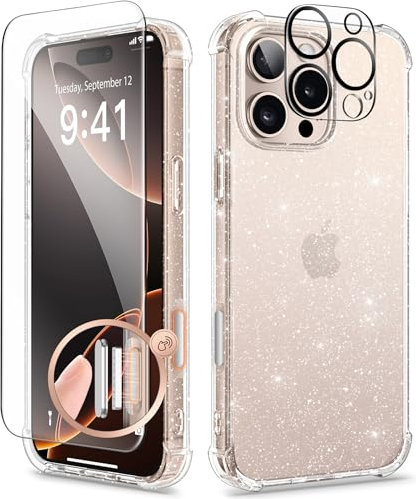 GVIEWIN Compatible with iPhone 16 Pro Max Case 2024,[Camera Control Button] with Screen &Camera Lens Protectors,Non-yellow Glitter Bling Sparkle Clear Shockproof Anti-Scratch Protective Cover,Glitter