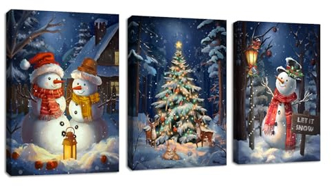 3Pcs Leinwandbilder Bilder mit Rahmen Blau Weihnachten Schnee Schauplatz bild auf leinwand Schneemann Nachtlandschaft Wandkunst Wandbilder Deko für Wohnzimmer Schlafzimmer fertig zum Aufhängen 40x60x3
