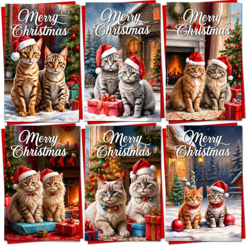 Weihnachtskarten in Box, 30 Stück, 6 einzigartige Weihnachtskarten, 2025, Katzen in Hüten, festliche Jahreszeiten, Grüße für Freunde, Familie