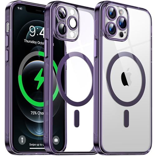 Flyzoo Magnetisch Hybrid Clear Hülle für iPhone 12 Pro - [Kompatibel mit MagSafe] [Eingebaute Kameraschutz Folie] Hart Durchsichtig Handyhülle Stoßfeste Transparente mit Silikon Schutzhülle,6,1'',Lila