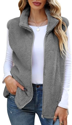CMTOP Gilet Donna in Pile Caldo Peluche Smanicato Elegante Senza Maniche Giacca Gilet con Collo Alto Leggero Morbido Gilet Autunno Inverno Gilet con Cerniera e Tasche(Grigio, S)