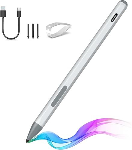 Stylus Pen for Microsoft Surface Pro 11/10/9/8/7/6/5/4/3/X Surface Go/Laptop/Book/Studio/Duo/HP/ASUS Series, 4096 Pressure Sensitivity, Palm Rejection Function, Eraser & Right-Click Shortcuts, Silver