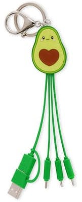 Legami - Avocado Theme Multiple Link Up Charging Cable with Keychain, 4 USB Charging Cables, Type-C, Micro-USB, Lightning, with USB Type C Adapter, TPE Coated Cable