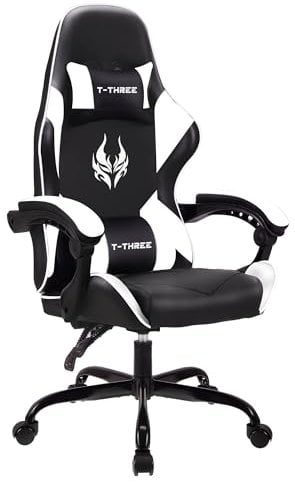 T-THREE.Ergonomischer Leder Gaming Stuhl Bürostuhl Drehstuhl Computerstuhl Rennstuhl Lederstuhl höhenverstellbar, mit Kopfstütze und Lendenwirbelstütze(Weiß)