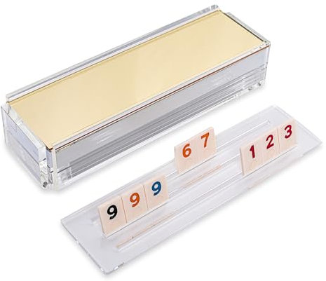 Luxury Rummy Tile Set Game in Handmade Acrylic Case with 4 Racks Included (Gold)