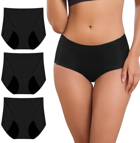 INNERSY Menstruationsunterwäsche Nahtlos Schwarz Polyamid High Waist Dünn Period Panties 3 Pack (M, 3 Schwarz)