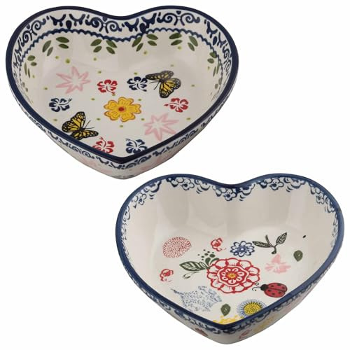 Heart-Shaped Ceramic Casserole Dish, 15oz Stoneware Baking Bowl, Hand-Painted Floral Design, Navy Blue Trim