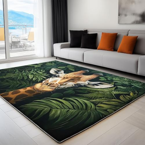 Generisch Teppich Wohnzimmer Tier Giraffe Dschungel 80 x 150 cm Waschbar rutschfest für Schlafzimmer Kurzflor Grün, FÜR Teppiche Wohnzimmer, Esszimmer, Flur, Carpet Living Room