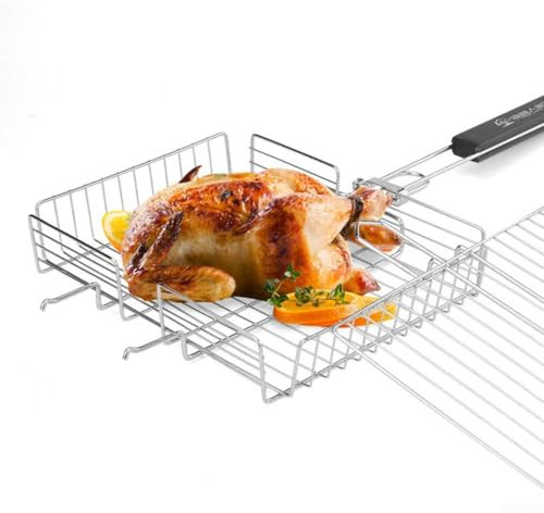 HpLive Double grille de barbecue pliable en acier inoxydable avec poignée amovible pour poissons, crevettes, légumes, barbecue en plein air, 64,5 x 31 x 5,cm
