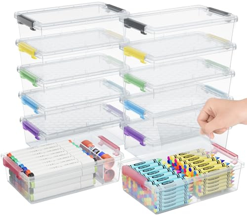 GEOPHIA 12 Pack Extra Large Pencil Box with Removable Divider, Thickened Pencil Case Bulk, Clear Crayon Marker Organizer Stackable Plastic Small Storage Containers for Pen Craft School Supplies, Multi