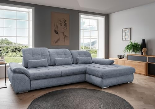 Polstergarnitur >Riordan< in hellblauer Webstoff-Mikrofaser mit verstellbarer Sitztiefe, Liegefunktion, Kopfstützen, Stauraum unter der Recamiere & ergonomischen Lordosekissen, 314x104x184 (BxHxT)