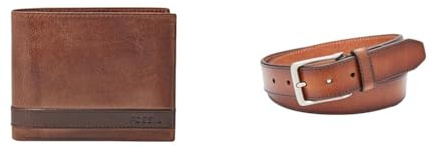 Fossil Herren Quinn Braunes Leder Portemonnaie und Griffin Gürtel, Set