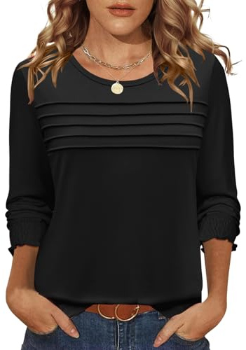 IECCP Women Tops Long Sleeve Dressy Tunic Fall Crew Neck T-Shirts Casual Pleated Fashion Blouses Shirts Black L