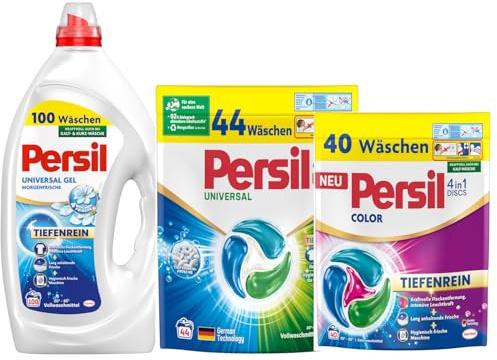 PERSIL Universal Kraft-Gel Morgenfrische 100 WL 4,5 L + 4in1 Discs Universal 44 WL 748 g + 4in1 Discs Color 40 WL 748 g – Waschmittel Probierpaket für weiße & bunte Wäsche