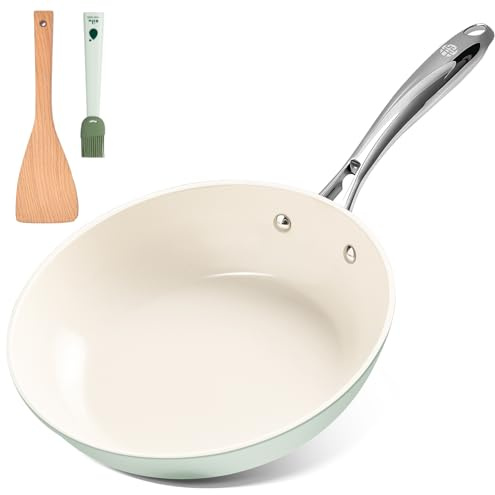 WANGYUANJI Bratpfanne 24cm Induktion, Keramik Pfanne Antihaftbeschichtet, PFAS- & PFOA-frei, Kratzfest, Backofenfest bis 315°C, Ergonomischer Edelstahlgriff, Spülmaschinenfest, Salbeigrün