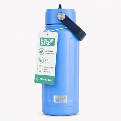 Polar Gear 740ml Insulated Water Bottle with Straw Double Wall - Blue | stainless steel bottle, cold up to 24h, leakproof design, flip straw, flexible carry handle, scratch-resistant finish