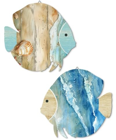 Putuo Decor Holz-Fisch Wanddeko Set 2-teilig, Rustikale Strandhaus Wanddekoration, Maritime Holzdeko für Bad, Seehaus und Strandhaus