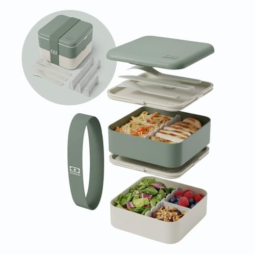 monbento - Lunchbox für Erwachsene Flex – Natural Grün - 1 L 2-stöckige, modulare Bento Box - Mit Fächern & inkl. Besteck - Auslaufsicher & BPA-frei - Ideal für Meal Prep & Büro