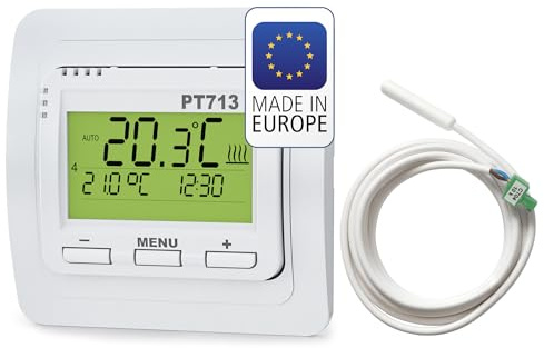 ELEKTROBOCK PT713-EI Digitaler Wandthermostat - 𝖵𝖤𝖱𝖡𝖱𝖠𝖴𝖢𝖧𝖲𝖡𝖤𝖱𝖤𝖢𝖧𝖭𝖴𝖭𝖦 - Programmierbar - LCD Display Beleuchtet - Externer Fühler inklusive - Elektrische Heizungen