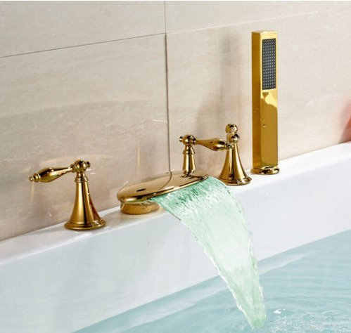 Gowe classique 5 pcs Largement Cascade à changement de couleur LED Baignoire robinet mélangeur de salle de bain baignoire avec mitigeur à main