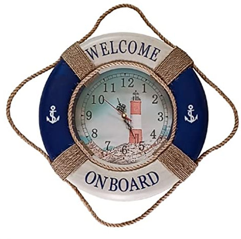 linoows Wanduhr im Rettungsring, Maritime Uhr Blau/Weiß Welcome On Board 35 cm