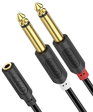 J&D Cable de 3,5 mm a 2x 6,35 mm, Chapado en Oro [Audiowave Series] 3,5mm 1/8'' Hembra TRS a 2 x 6,35 mm 1/4'' Macho TS Cáscara de PVC Estéreo Adaptador de Audio Cable - 1.8 M