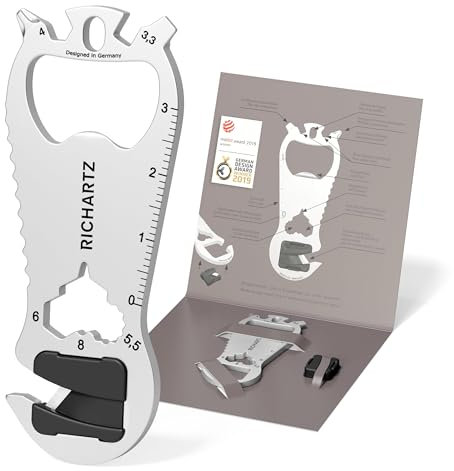 RICHARTZ KEY TOOL cut | Multitool Schlüsselanhänger | 14 praktische Funktionen | Hochwertiger, matt gestrahlter Edelstahl | Schlüsselanhänger Werkzeug inkl. Verpackung & Funktionsbeschreibung