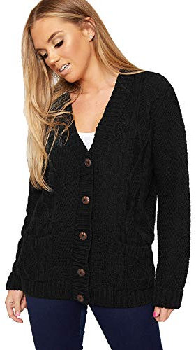 Red Olives New Women's Ladies Long Sleeve Button Top Chunky Aran Cable Knitted Grandad Cardigan UK 8-26 (20-22, Black)