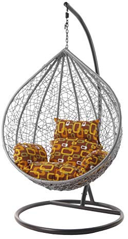 KIDEO Komplettset: großer Hängesessel mit Gestell & Kissen, Korbsessel, Poly-Rattan, XXL, grau (Kissen: Gemustert Nest (7117 Hello Seventies))
