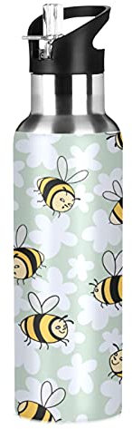 Mnsruu Bouteille d'eau isotherme pour filles et garçons, abeilles avec fleurs, bouteille d'eau en acier inoxydable avec paille, 590 ml
