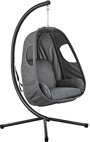 LIVIVO Luna Folding Collapsible Hanging Swing Egg Chair Hammock With Stand For Outdoor Garden Patio Indoor With Hood And With Extra Padded Cushions – Grey