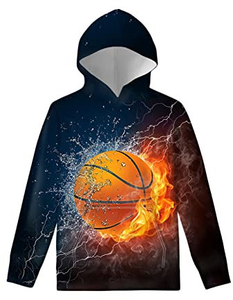 Biyejit Jungen Mädchen Fleece Hoodies Plüsch Pullover Hoodie Casual Kapuzenpullover Sweatshirts mit Tasche für Alter 6-16 Kinder, Basketball, 11 - 13 Jahre