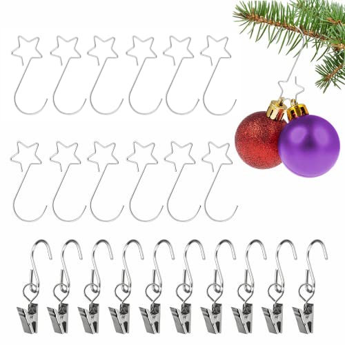 BUENTYA 40 Stück Kugelaufhänger Silber 10 Stück Sternförmiger Haken Weihnachtskugel Aufhänger Stern mit Clips Kugelhaken Weihnachtsbaum S Haken Christbaum Schnellaufhängern für Weihnachtsdekoration