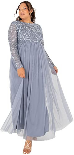 Maya Deluxe Women's Maya Embellished Long Sleeve Maxi Dress Bridesmaid Formal, Dusty Blue, 10