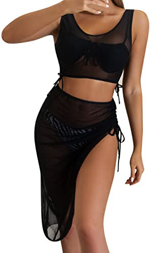 luohaibell Badeanzug für Damen, Strandkleid, Netz, mit Rock, Strandtuch, Strandtuch, Wrap, Bademode, Schwarz , X-Large